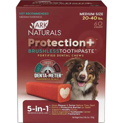 Front view of Ark Naturals Protection+ Brushless Toothpaste Fortified Dental Chews for medium dogs, 60 count, red packaging with a dog image.
