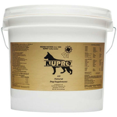 Front view of a white bucket with a brown label showing Nupro All Natural Dog Supplement, 20 lb.