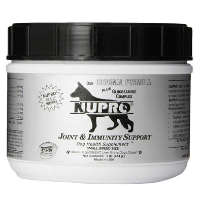Front view of a white and black Nupro Joint & Immunity Support dog supplement jar for small breeds, 1 lb size.