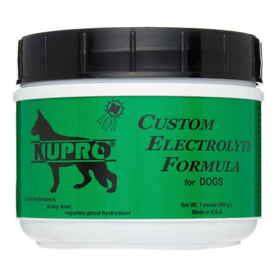 Front view of a white and green Nupro Custom Electrolyte Formula for Dogs jar with black lid and label.