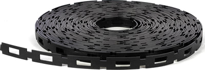 Close-up of a black Eaton Poly Chain Lock Box Tree Support, 1 inch wide, 100 feet long, coiled with a straight section extending.