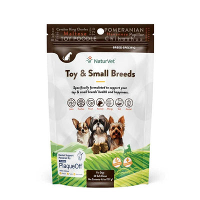 Front view of a NaturVet Toy & Small Breeds dog soft chews package with three toy breed dogs on the label.