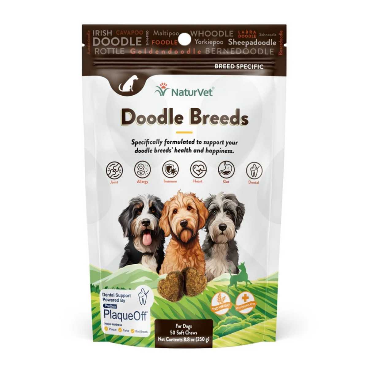 Front view of a packaged NaturVet Doodle Breeds dog soft chews bag with three dogs on the label.