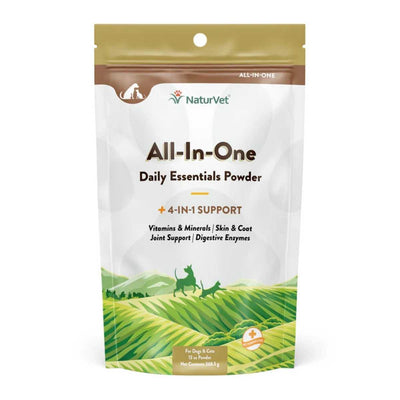 Front view of a NaturVet All-In-One Daily Essentials Powder package for dogs and cats, 13 oz.