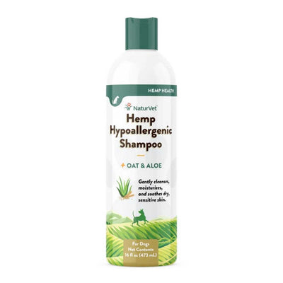 Front view of a white bottle with green cap labeled NaturVet Hemp Hypoallergenic Shampoo for Dogs, 16 fl oz