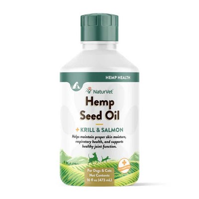 Front view of a white bottle with green cap labeled NaturVet Hemp Seed Oil Krill & Salmon 16 fl oz for dogs and cats.