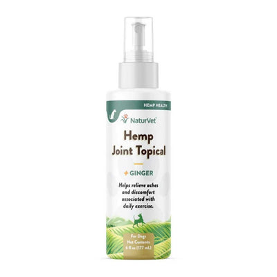 Front view of a white and green NaturVet Hemp Joint Topical spray bottle with a pump top.