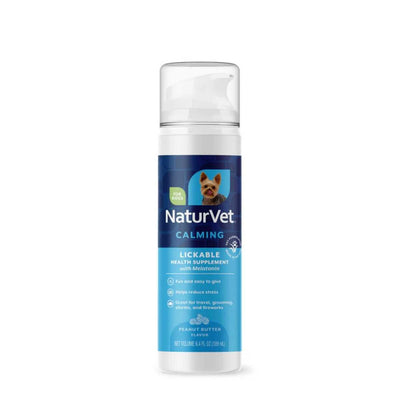 Front view of a blue and white NaturVet Calming Lickable Health Supplement pump bottle with peanut butter flavor.