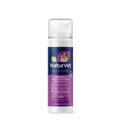Front view of a NaturVet Hip & Joint Lickable Health Supplement pump bottle with peanut butter flavor, 6.4 fl oz.
