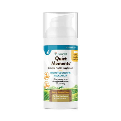 Front view of a white pump bottle with blue and yellow label for NaturVet Quiet Moments lickable health supplement for cats, savory salmon flavor, 3.2 fl oz.