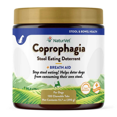 Front view of a packaged product: NaturVet Coprophagia Stool Eating Deterrent with Breath Aid, 130 chewable tabs in a jar.