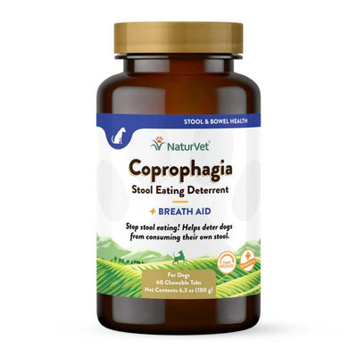 Front view of a brown bottle with a gold cap labeled NaturVet Coprophagia Stool Eating Deterrent for dogs.