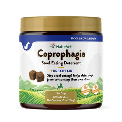 Front view of a NaturVet Coprophagia Stool Eating Deterrent soft chews jar with gold lid and blue label.