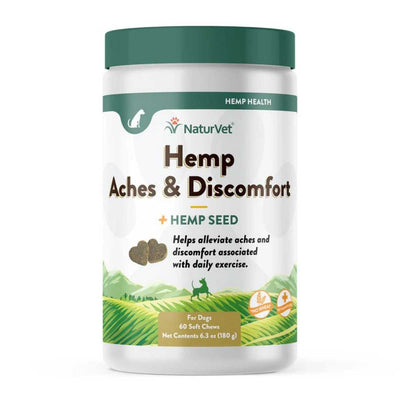 Front view of a white and green jar of NaturVet Hemp Aches & Discomfort soft chews for dogs.