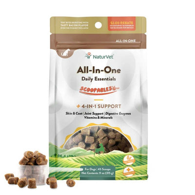Front view of a NaturVet Scoopables All-In-One dog treat bag with bacon flavor, 11 oz size, showing product contents and packaging details.