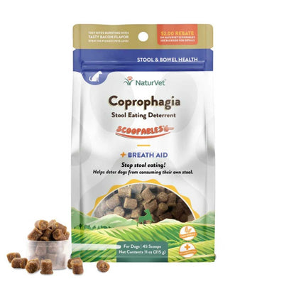 Front view of a packaged product: NaturVet Scoopables Coprophagia for dogs, 11 oz bag with bacon-flavored treats.