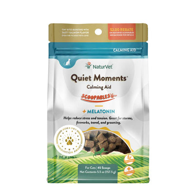 Front view of a packaged product: NaturVet Quiet Moments Scoopables Calming Aid for cats, 5.5 oz bag.