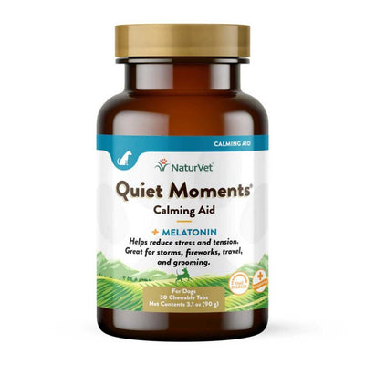 Front view of a brown bottle with a gold cap labeled NaturVet Quiet Moments Calming Aid for dogs.