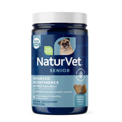 Front view of a blue jar of NaturVet Senior Advanced Incontinence soft chews with hickory smoked bacon flavor.