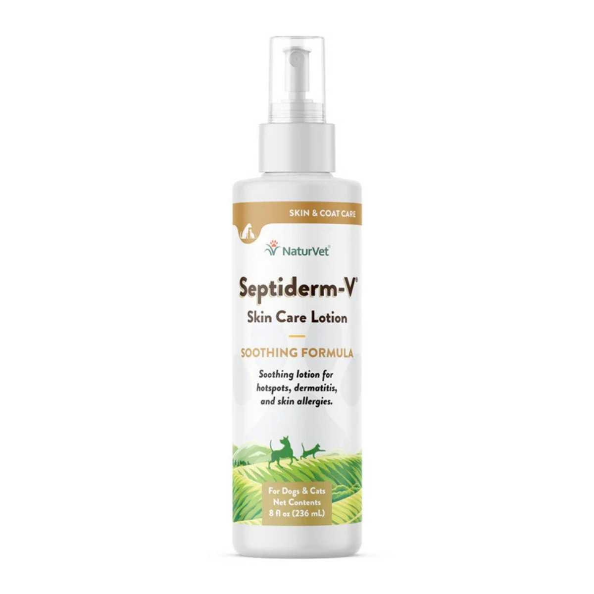 Front view of a white bottle with a pump top labeled NaturVet Septiderm-V Skin Care Lotion for Dogs & Cats, 8 fl oz.