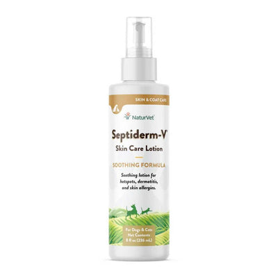 Front view of a white bottle with a pump top labeled NaturVet Septiderm-V Skin Care Lotion for Dogs & Cats, 8 fl oz.