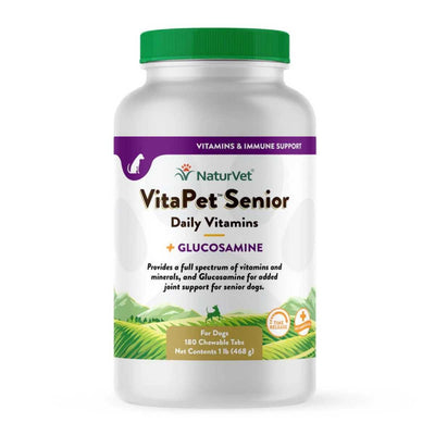 Front view of a packaged product: NaturVet VitaPet Senior Daily Vitamins with Glucosamine, 180 chewable tabs in a white bottle with green cap.