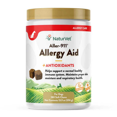 Front view of a packaged product: NaturVet Aller-911 Allergy Aid soft chews for dogs.
