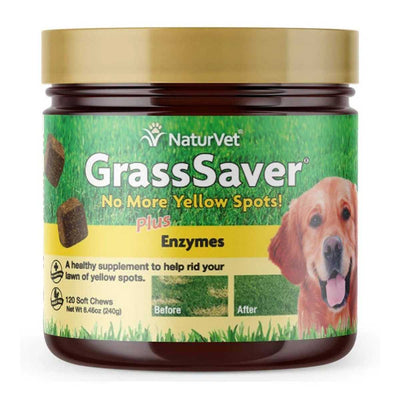 Packaged product: NaturVet GrassSaver soft chews jar with green label, dog image, and 'Before/After' lawn photos.
