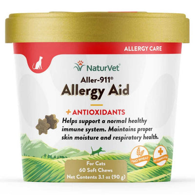 Front view of a gold-capped cup of NaturVet Aller-911 Allergy Aid soft chews for cats.