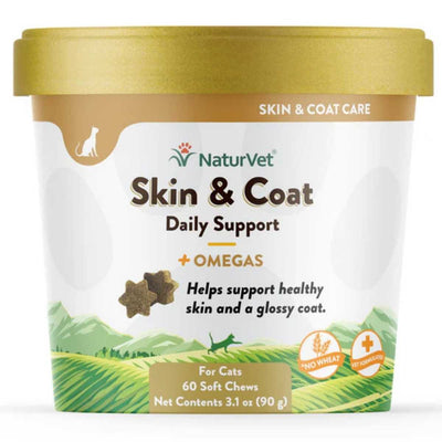 Front view of a NaturVet Skin & Coat Daily Support + Omegas soft chews cup for cats with 60 chews.