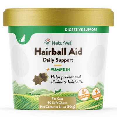 Front view of a NaturVet Hairball Aid Daily Support cup with pumpkin, 60 soft chews, 3.1 oz, green and gold packaging.