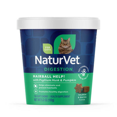 Front view of a blue and green packaged product labeled NaturVet Digestion Hairball Help with Salmon & Bacon flavor.