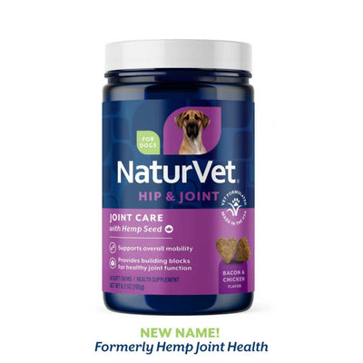 Front view of a blue and purple packaged product labeled NaturVet Hip & Joint with Bacon & Chicken flavor.