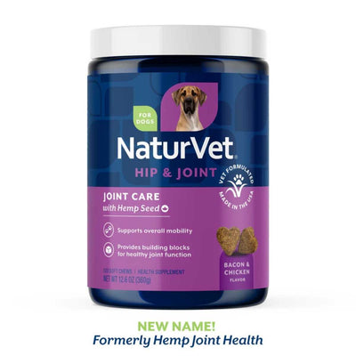 Front view of a blue and purple NaturVet Hip & Joint soft chew container with bacon & chicken flavor.