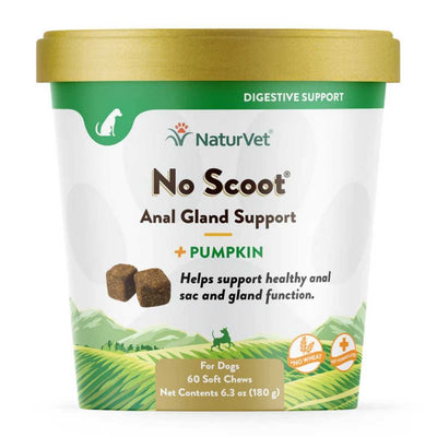 Front view of a green and gold cup of NaturVet No Scoot soft chews for dogs with pumpkin flavor.