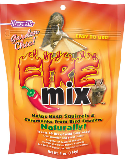 Front view of a packaged product labeled Brown's Garden Chic Fire mix seed additive, 4 oz size.