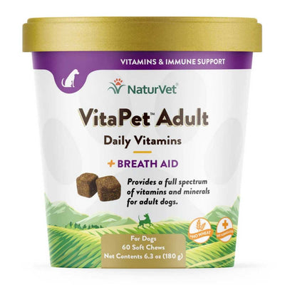 Front view of a packaged product: NaturVet VitaPet Adult Daily Vitamins + Breath Aid soft chews for dogs.