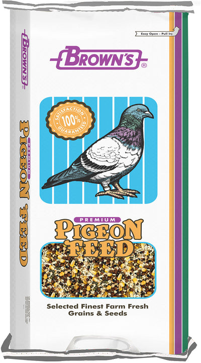 Front view of a Brown's Premium Pigeon Feed bag with a pigeon illustration and seed image.