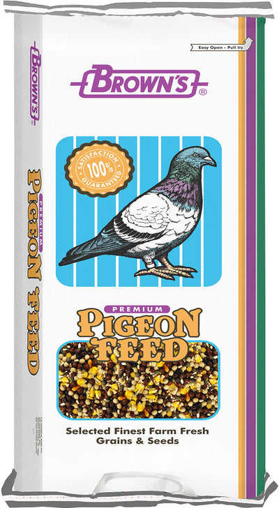 Front view of a Brown's Premium Pigeon Feed bag with a pigeon illustration and seed image.