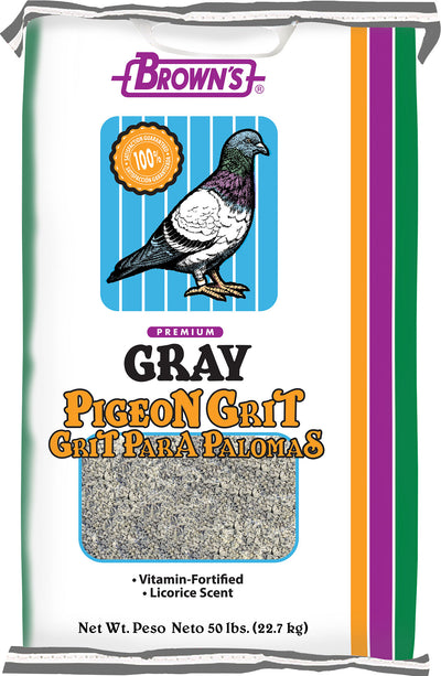 Front view of a packaged Brown's Premium Gray Pigeon Grit product, 50 lbs.