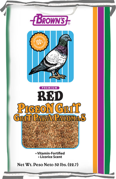 Front view of a packaged Brown's Premium Red Pigeon Grit product with a 50 lb net weight.