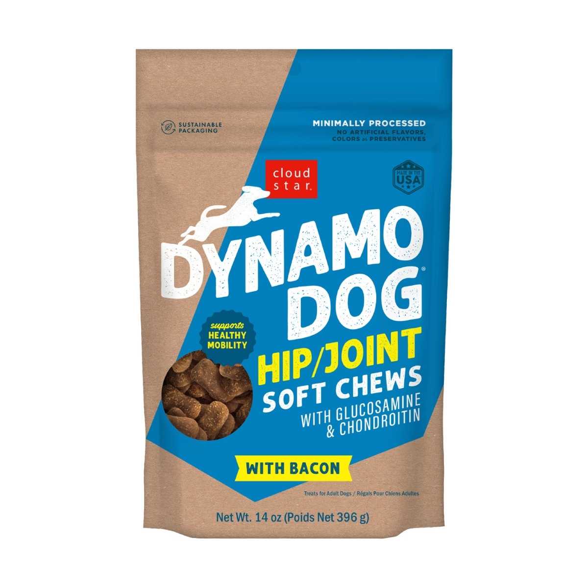 Front view of Cloud Star Dynamo Dog Hip/ Joint Soft Chews with Bacon in a blue and brown package.