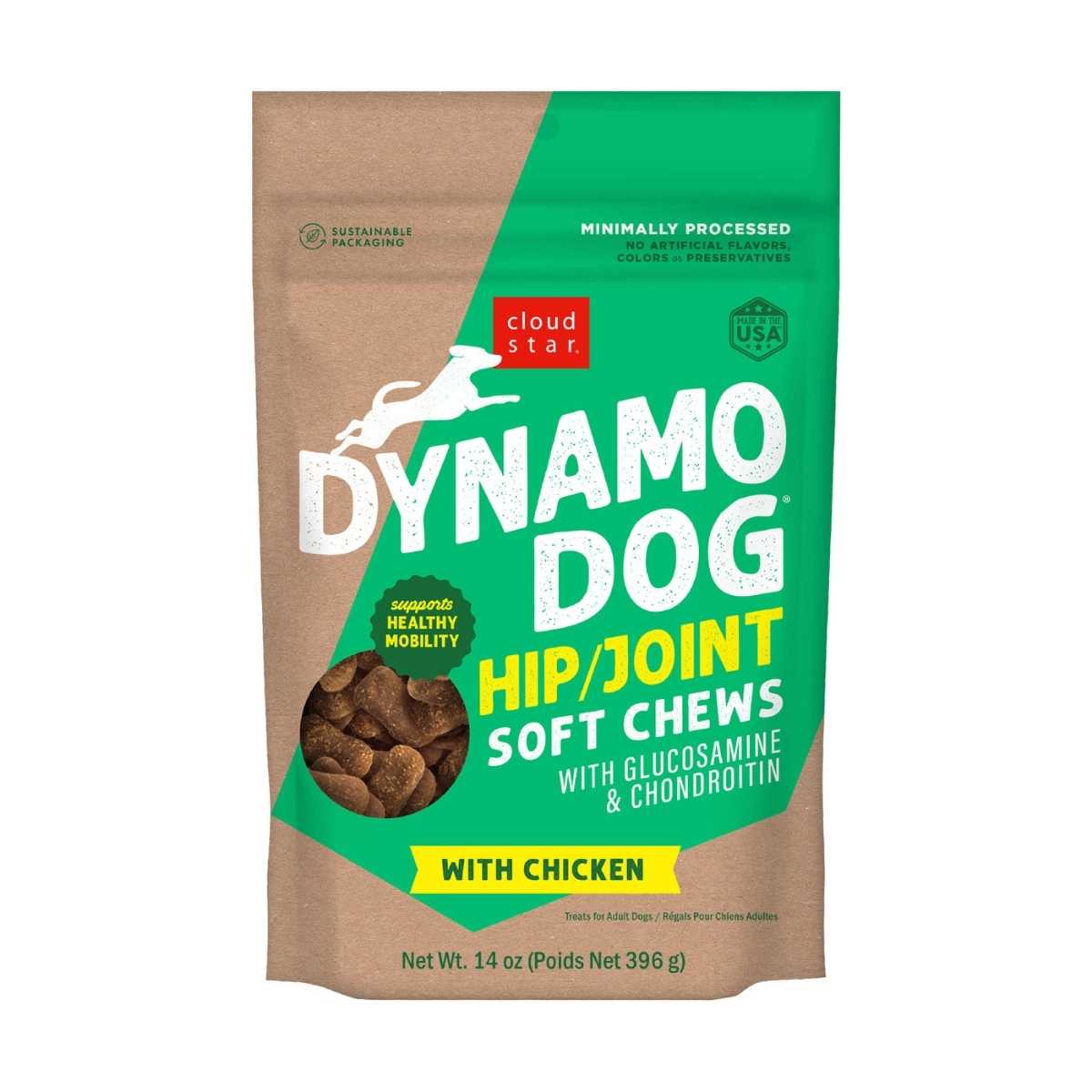 Front view of Cloud Star Dynamo Dog Hip Joint soft chews with chicken in a brown and green package.