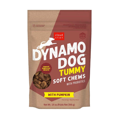 Front view of Cloud Star Dynamo Dog Tummy Soft Chews with Pumpkin in a brown and red bag.