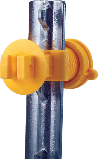 Close-up of a yellow Western Screw-Tight T-Post Insulator attached to a metal post.