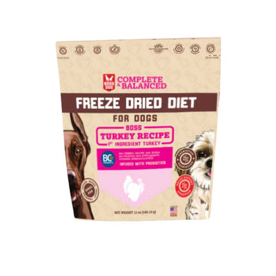 Front view of Boss Dog Complete & Balanced Freeze Dried Diet Turkey Recipe package for dogs.