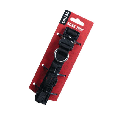 Packaged Boss Dog brand black dog collar with metal ring and plastic buckle on red cardstock.