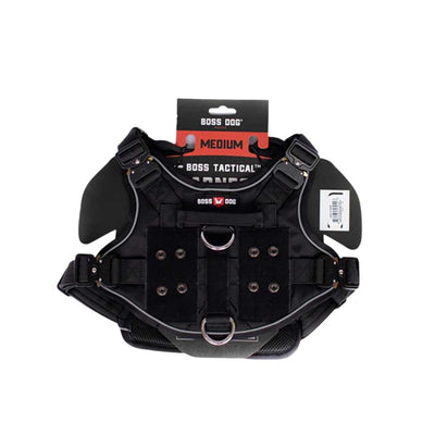 Black Boss Dog Medium Tactical Harness, front view, packaged product