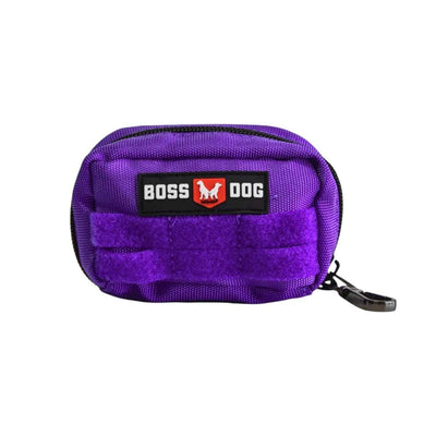 Close-up of a purple Boss Dog Molle pouch with a black zipper and brand label.