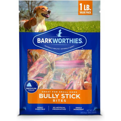 Front view of a blue and orange packaged product labeled Barkworthies Bully Stick Bites, 1 lb value pack.